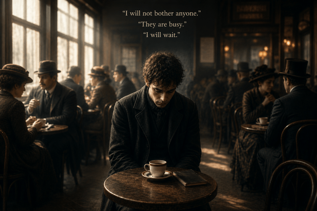 Vintage-style image of a solitary young man sitting quietly in a crowded café while others talk around him, symbolizing loneliness, emotional withdrawal, social invisibility, exhaustion, and the gradual feeling of becoming unseen or unimportant.