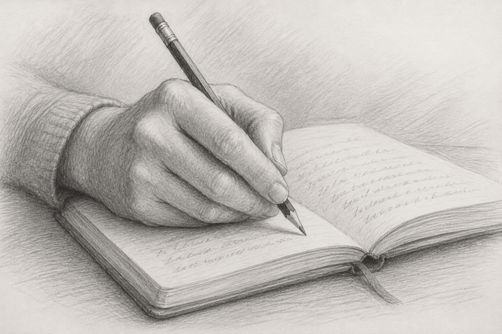 Pencil drawing of a hand writing in a notebook, symbolizing human thought, writing, and self-expression.
