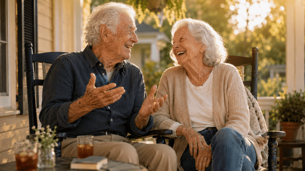 An elderly couple laughing together on a porch, representing lasting love, companionship, and affection over time.