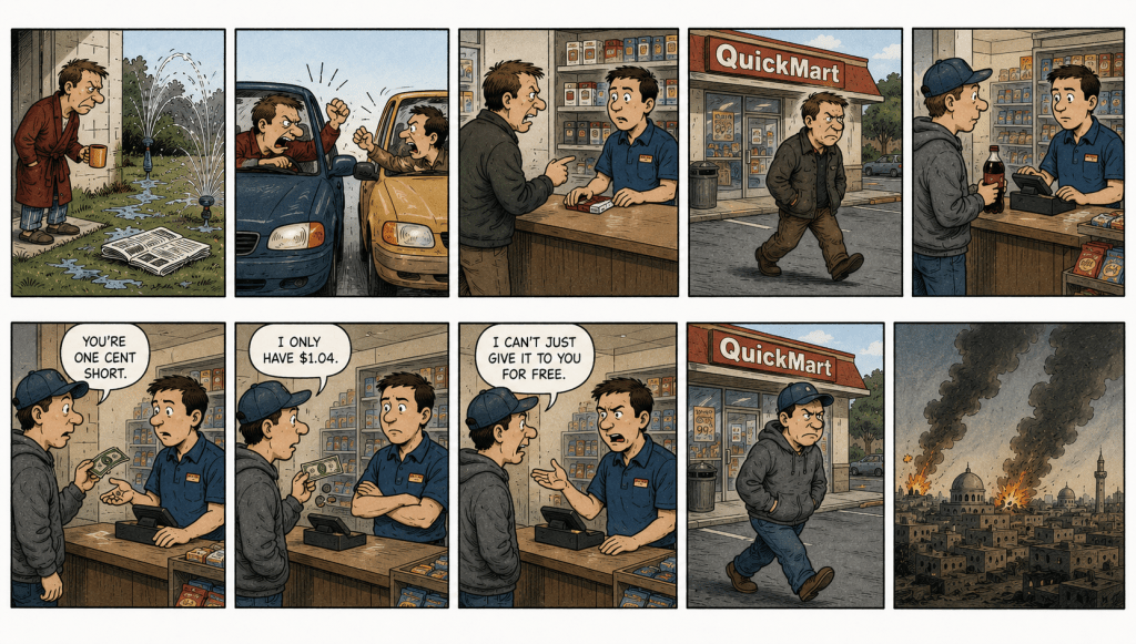 Comic-style illustration showing how small moments of frustration can spread from person to person, beginning with a soaked newspaper and escalating through traffic and store interactions, highlighting the importance of compassionate responses and emotional responsibility in everyday life.