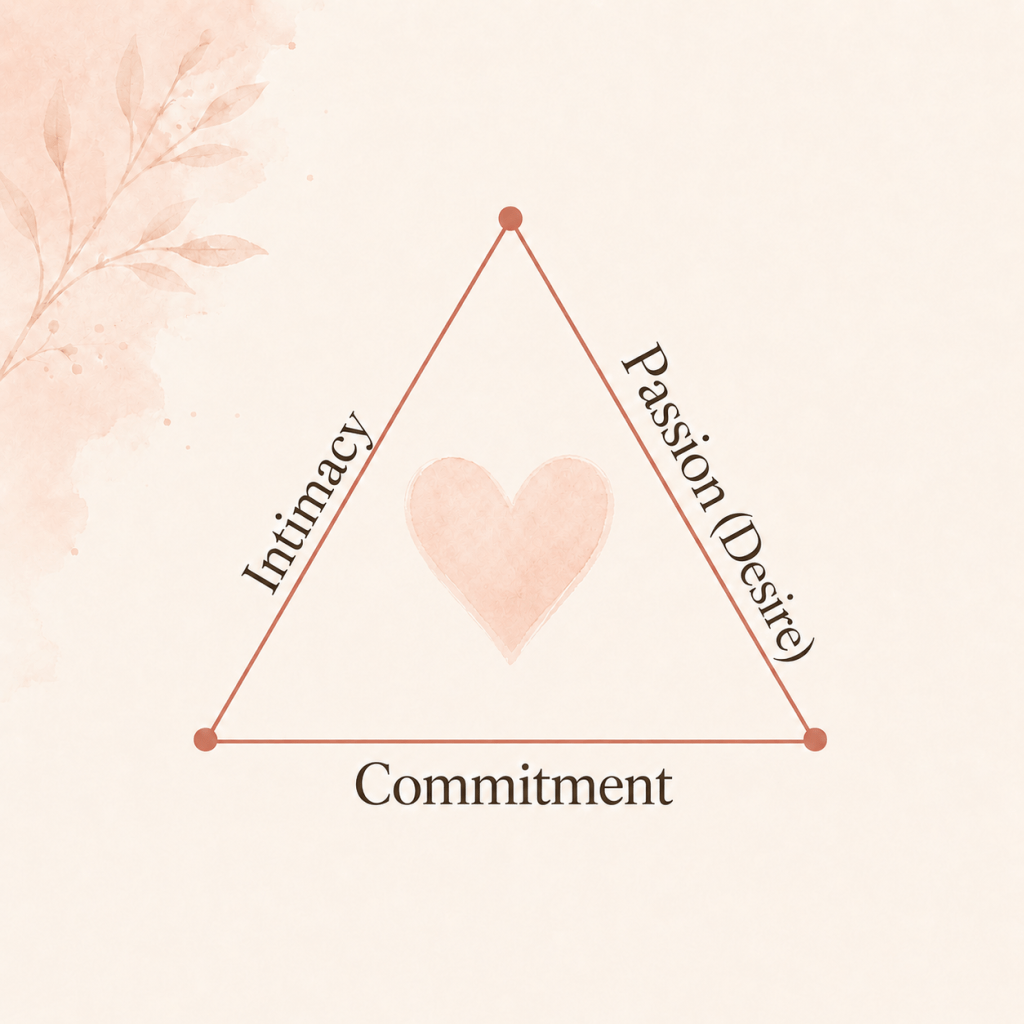 A romantic love triangle showing intimacy, passion, and commitment, with commitment as the foundation that helps love endure over time.